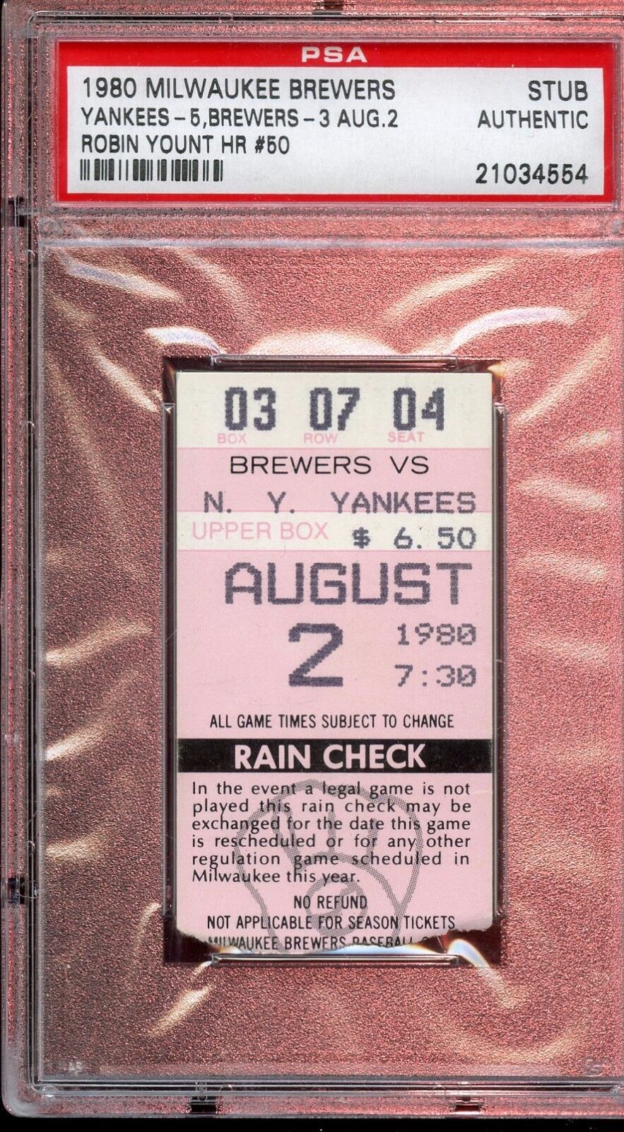 August 2 1980 Ticket Stub Yankees at Brewers Robin Yount HR PSA Authentic