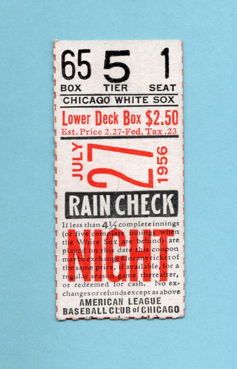 July 27, 1956 Boston Red Sox vs Chicago White Sox Ticket Stub Pete Daley