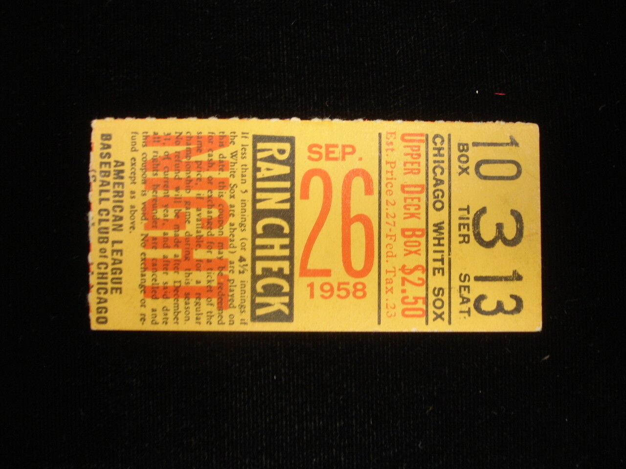 September 26, 1958 Kansas City A's @ Chicago White Sox Ticket Stub