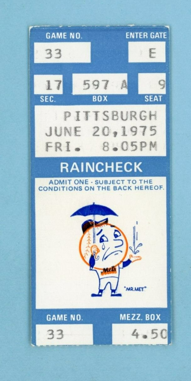 June 20, 1975 Pittsburgh Pirates vs New York Mets Ticket Stub Willie Stargell