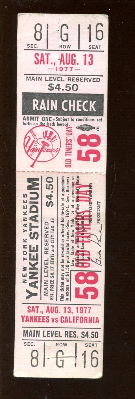 August 13 1977 New York Yankees Full Ticket Old Timers Day