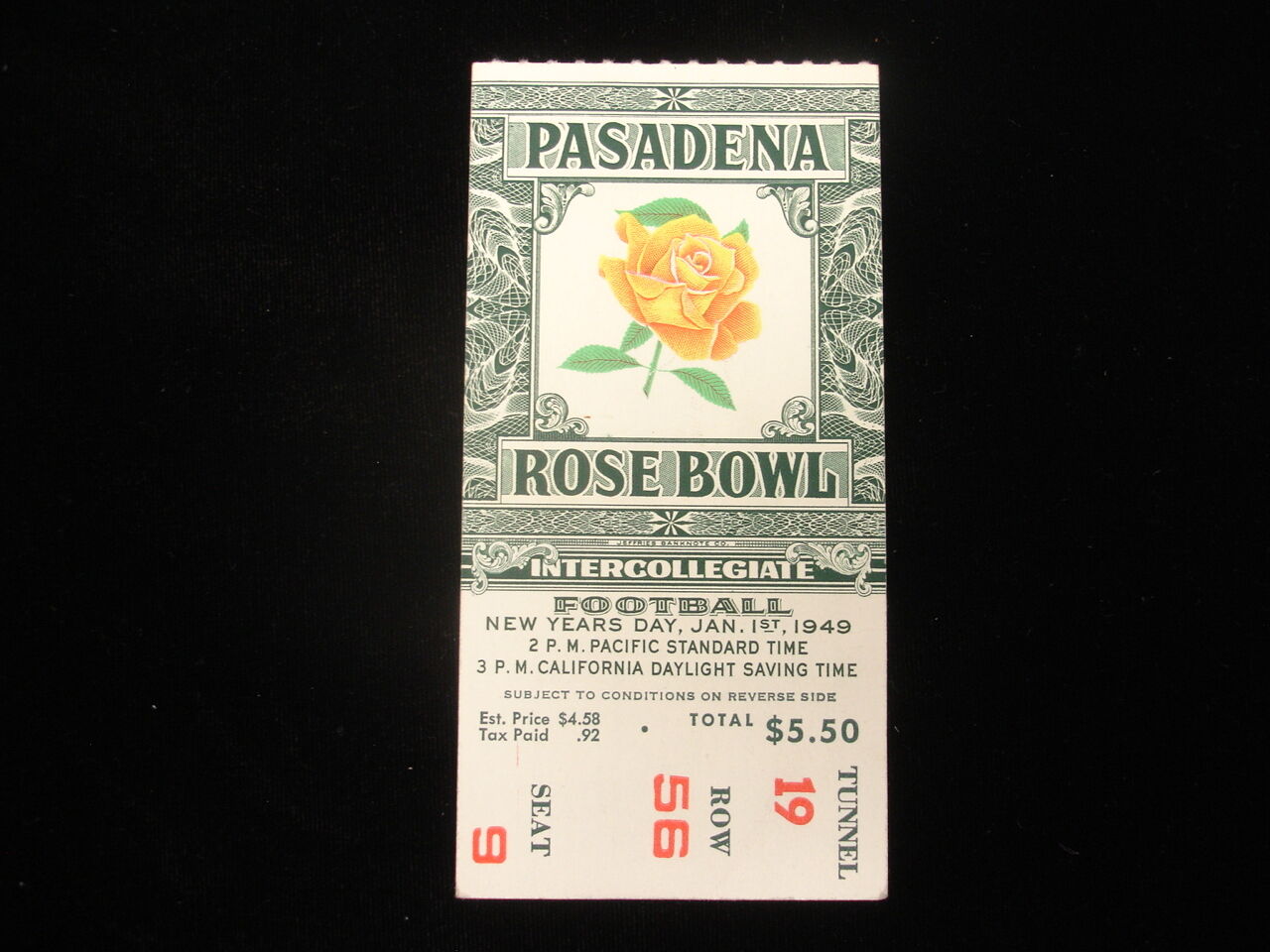 January 1, 1949 Rose Bowl Football Game Ticket Stub