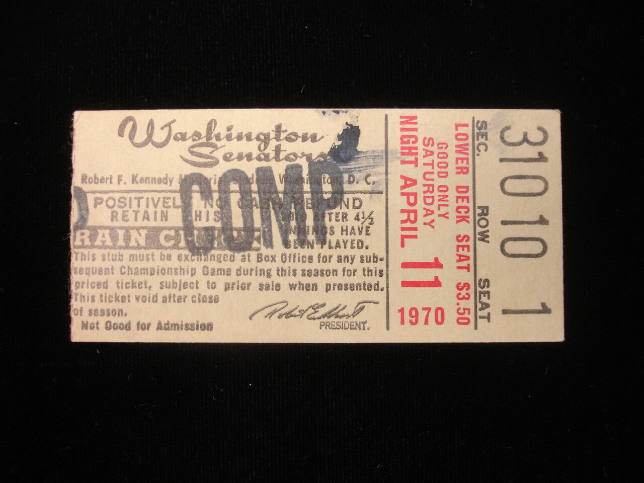 April 11, 1970 Boston Red Sox @ Washington Senators Ticket Stub