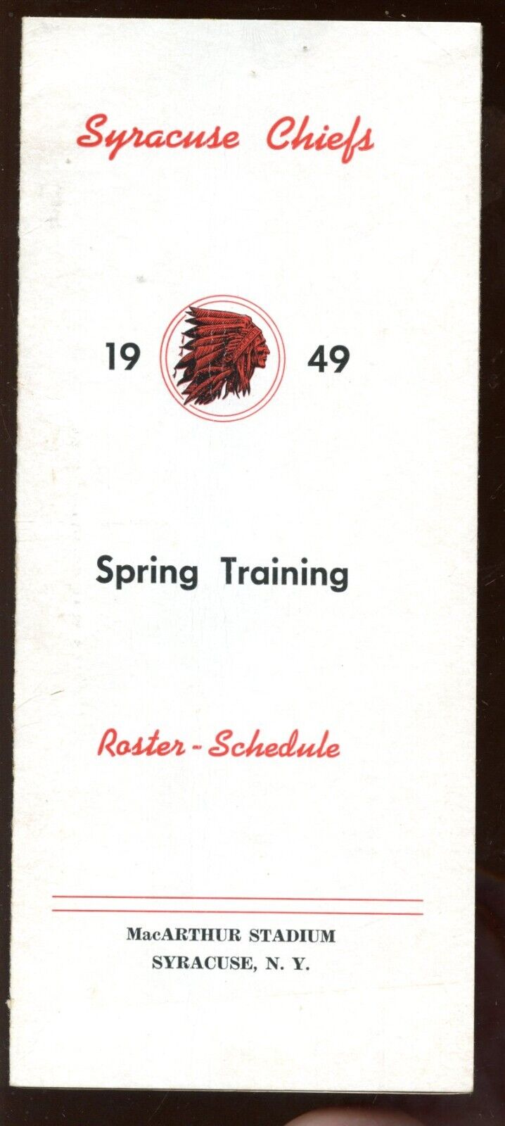 1949 Syracuse Chiefs Baseball Spring Traing Roster / Schedule