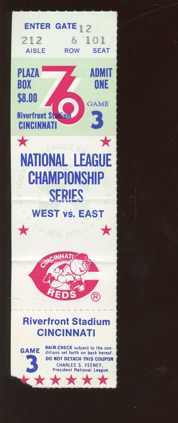 1976 NLCS Ticket Stub Philadelphia Phillies at Cincinnati Reds Game 3