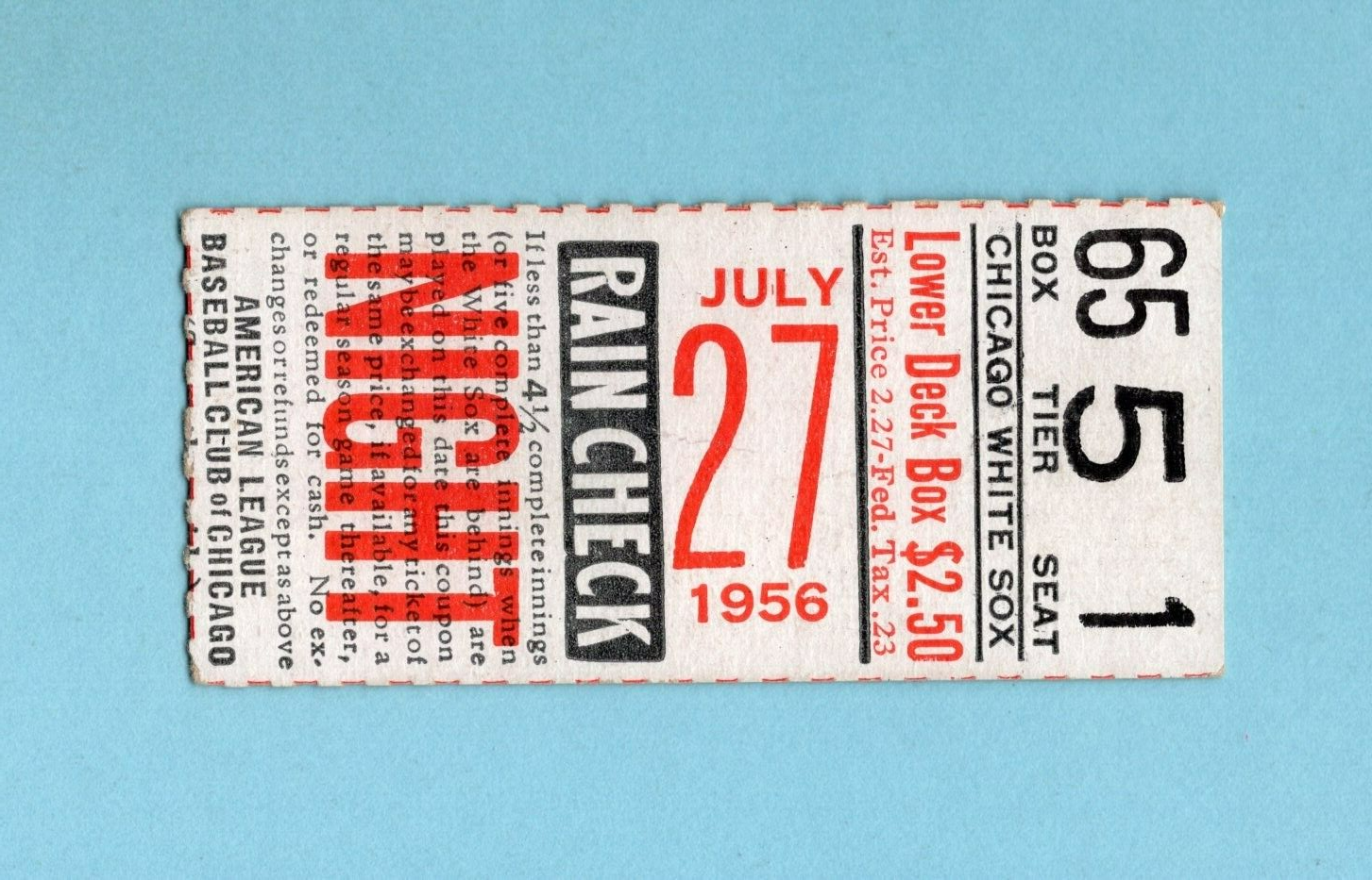 July 27, 1956 Boston Red Sox vs Chicago White Sox Ticket Stub Pete Daley