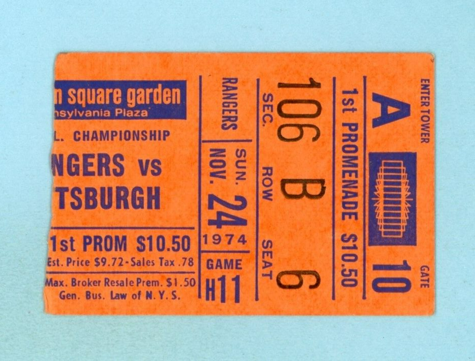 November 24, 1974 Pit Penguins vs NY Rangers Ticket Stub 12 diff players scored