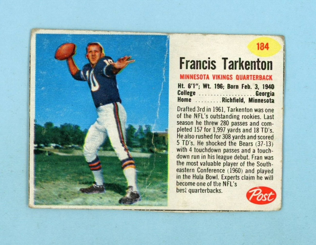 1962 Post Cereal #184 Fran Tarkenton Minnesota Vikings Football Card Low Grade