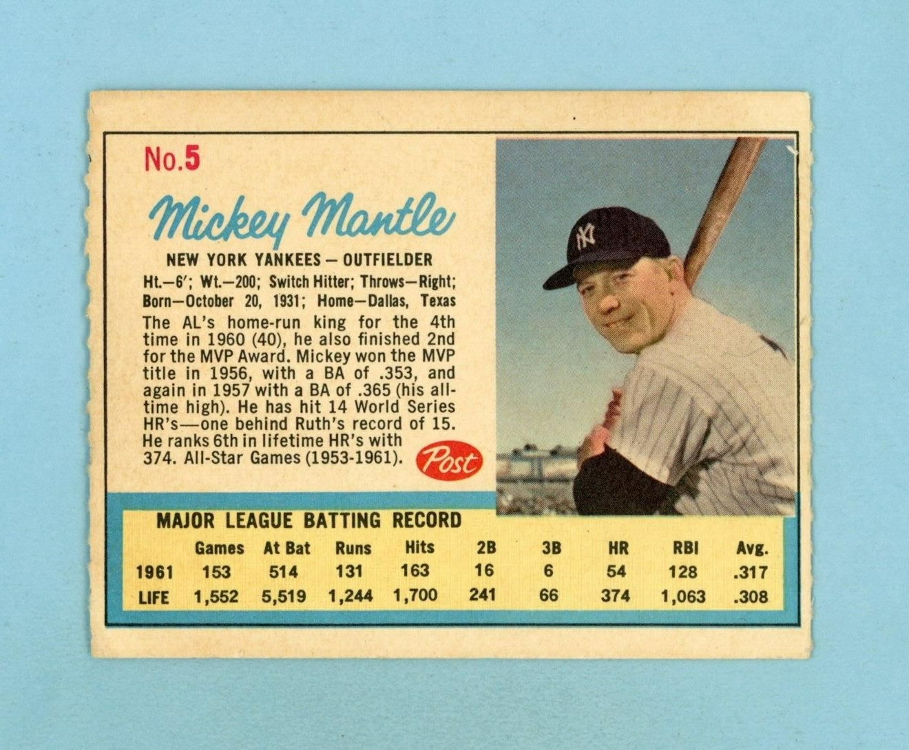 1962 Post #5 Mickey Mantle New York Yankees AD Variation Baseball Card