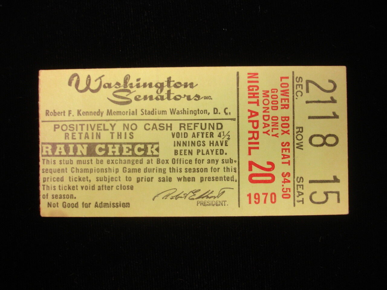 April 20, 1970 New York Yankees @ Washington Senators Ticket Stub