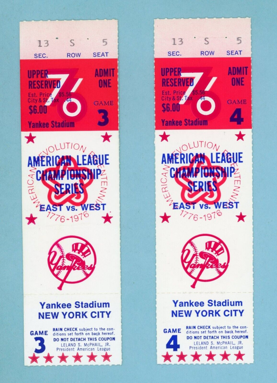 Lot of 2 1976 ALCS Games 3 & 4 KC Royals vs NY Yankees Ticket Stubs