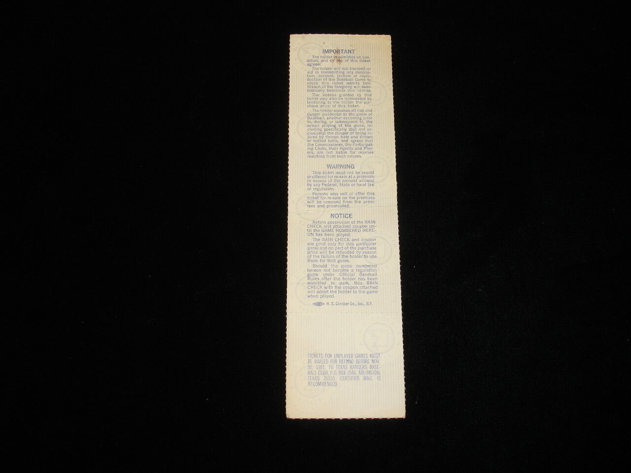 Original 1981 Texas Rangers Unused World Series Game 6 Phantom Full Ticket 