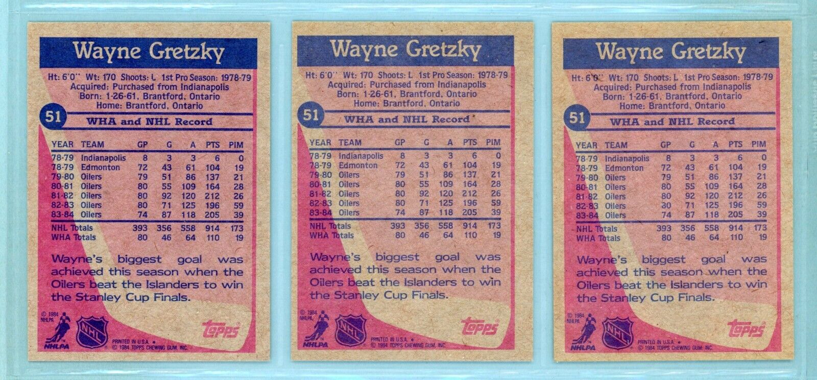 1984-85 Topps Lot of 3 #51 Wayne Gretzky Edmonton Oilers Hockey Cards Ex/Mt - NM