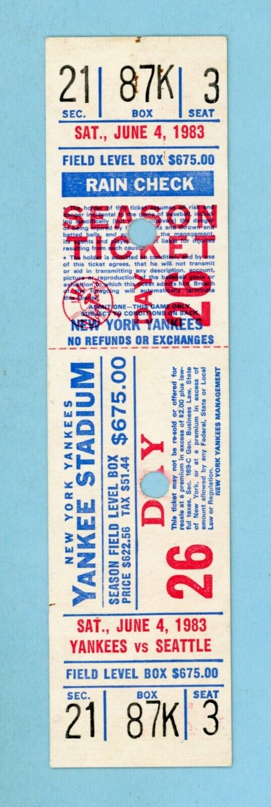 June 4, 1983 Seattle Mariners vs New York Yankees Full Ticket Richie Zisk