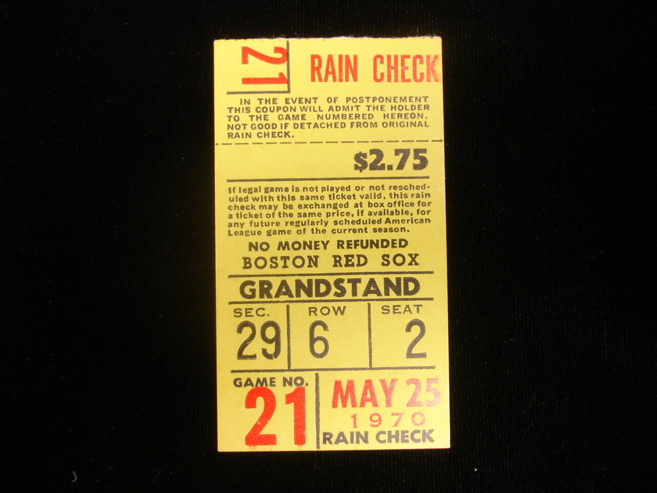 May 25, 1970 Washington Senators @ Boston Red Sox Ticket Stub - Yaz Home Run!