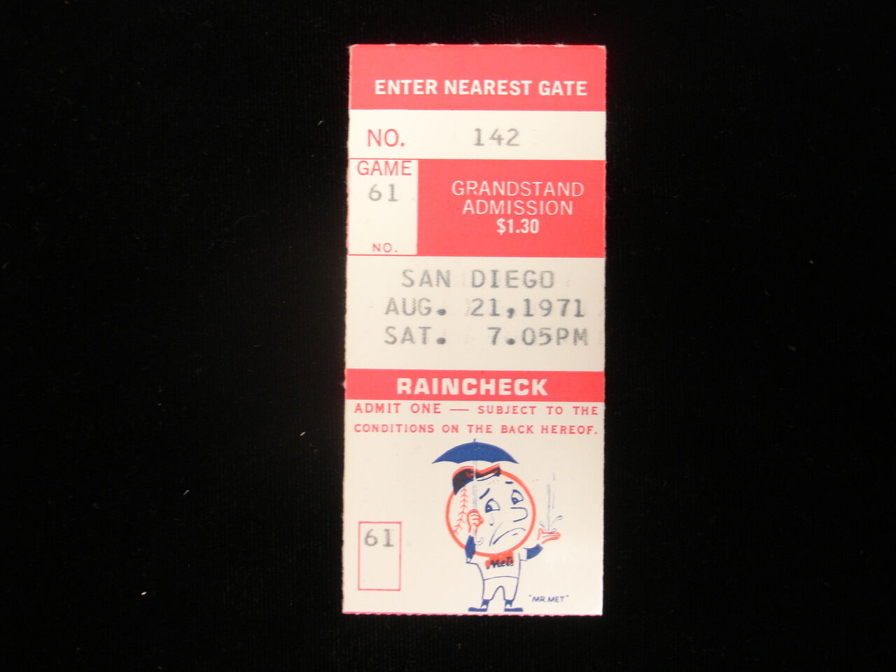 August 21, 1971 San Diego Padres @ New York Mets Ticket Stub - Seaver Win!