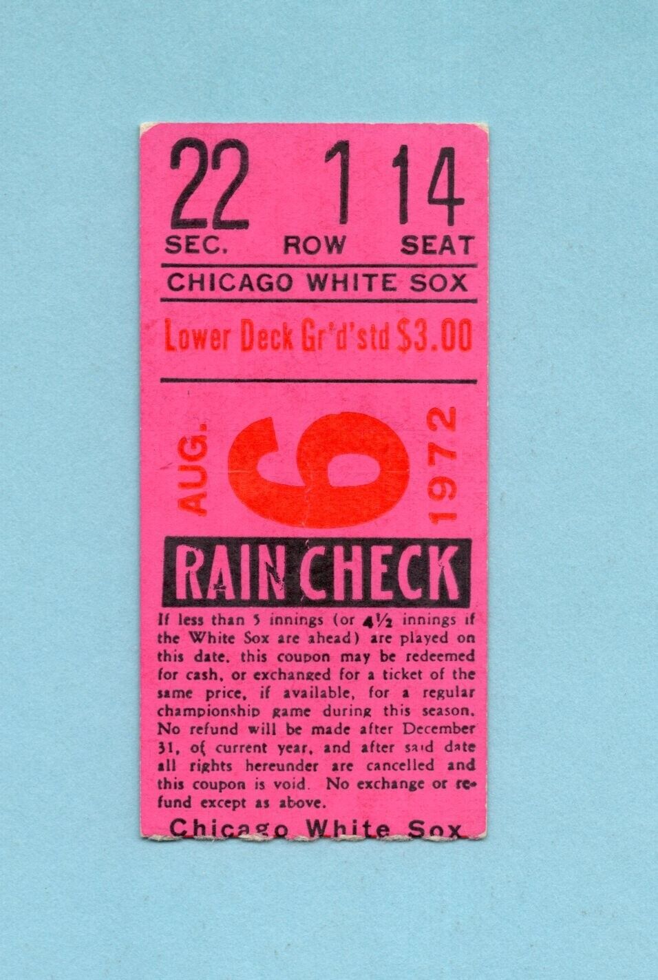 August 6, 1972 Texas Rangers vs Chicago White Sox Ticket Stub Wilbur Wood, Allen