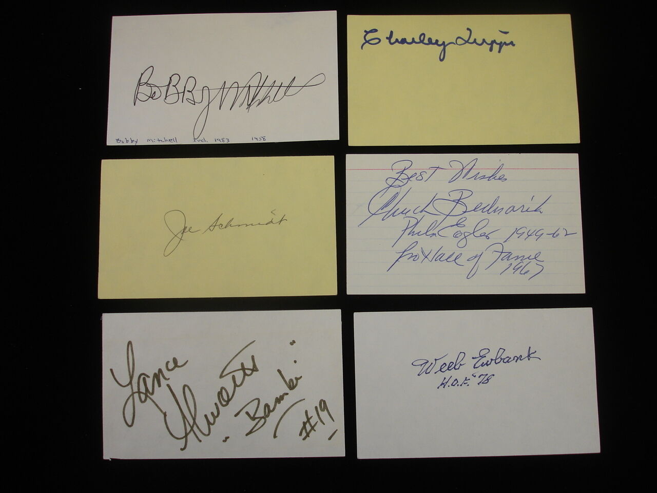 Lot of (6) Diff Football Hall of Famers Signed Index Cards - Ewbank, Alworth etc