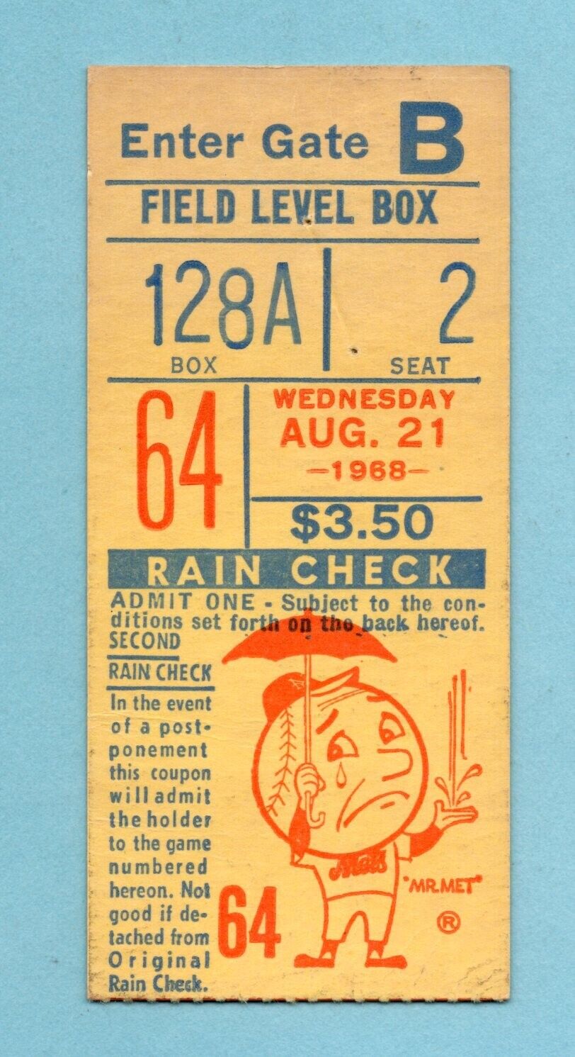 August 21, 1968 San Fran Giants at NY Mets Ticket Stub Willie Mays Home Run