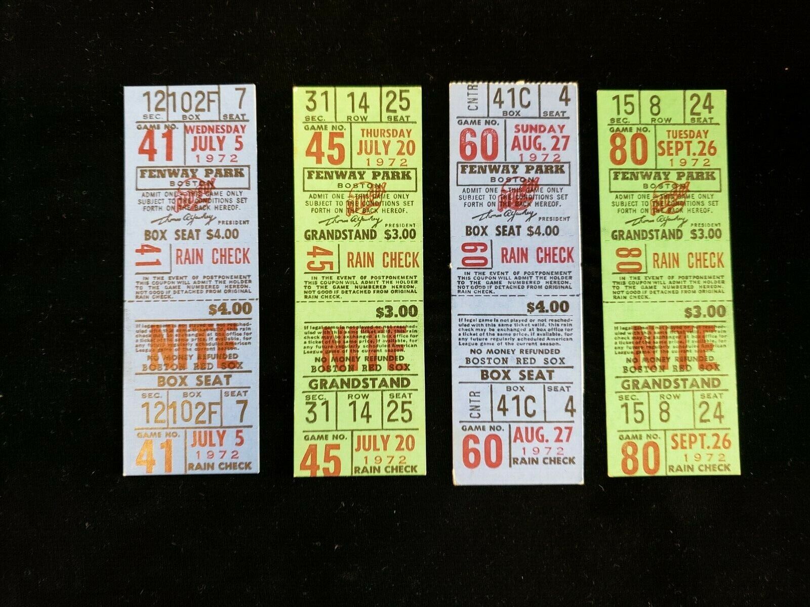 Lot of 4 Different 1972 Boston Red Sox Full Tickets - Home Games