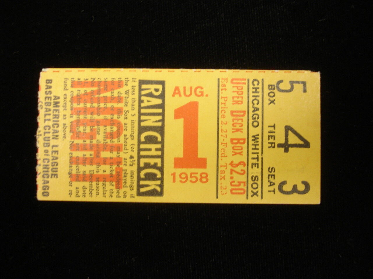 August 1, 1958 New York Yankees @ Chicago White Sox Ticket Stub