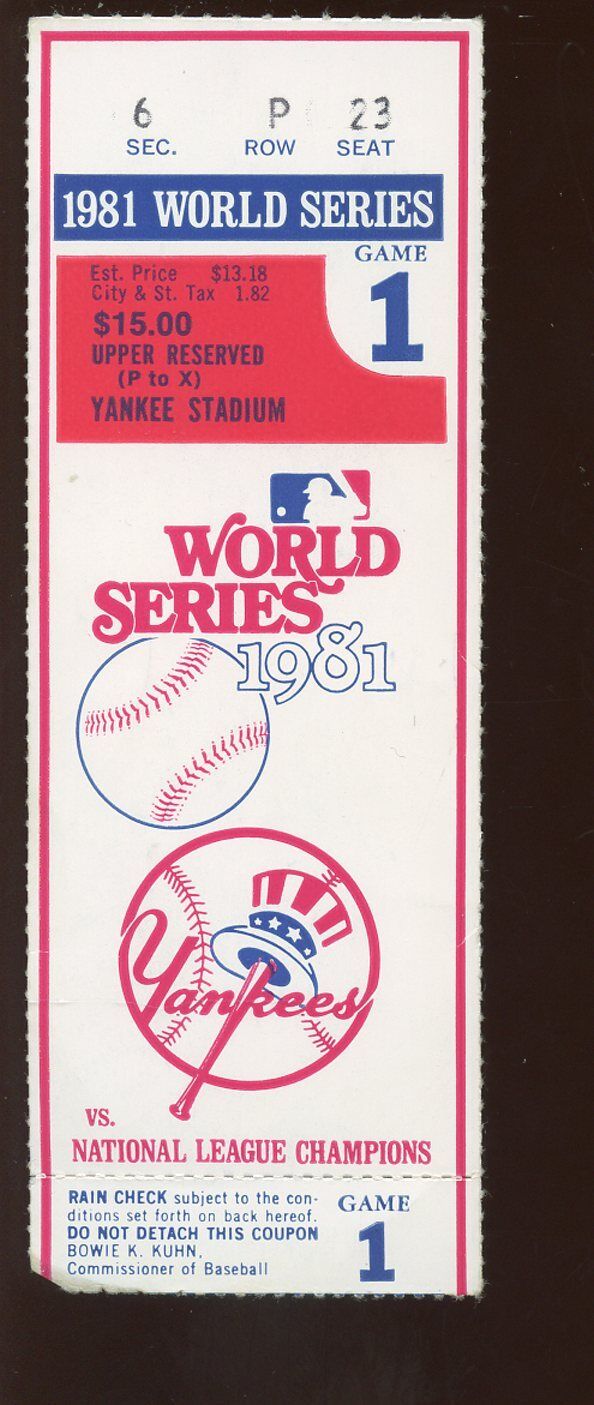 1981 World Series Ticket Stub Los Angeles Dodgers at New York Yankees Game 1