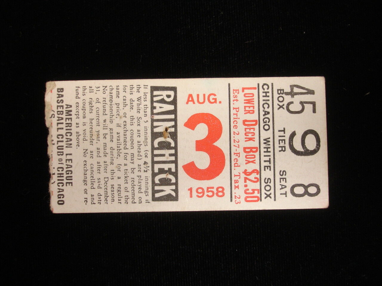 August 3, 1958 New York Yankees @ Chicago White Sox Ticket Stub - Doubleheader