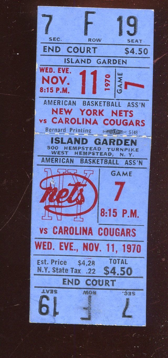 November 11 1970 ABA Basketball Full Ticket Carolina Cougars at New York Nets