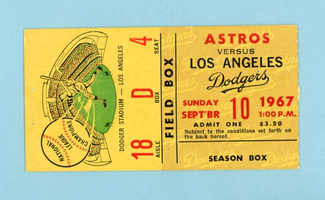 September 10, 1967 Houston Astros vs Los Angeles Dodgers Ticket Stub Jim Wynn