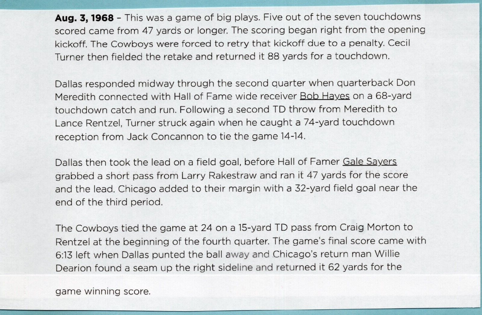 August 3, 1968 Chicago Bears vs Dallas Cowboys Hall of Fame Game Ticket Stub