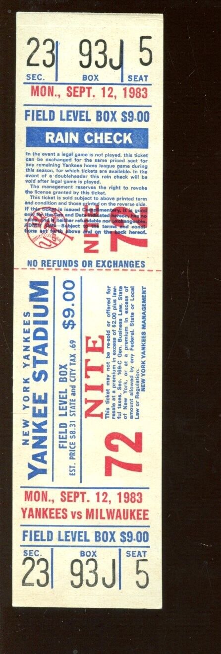 September 12 1983 New York Yankees Full Ticket NRMT