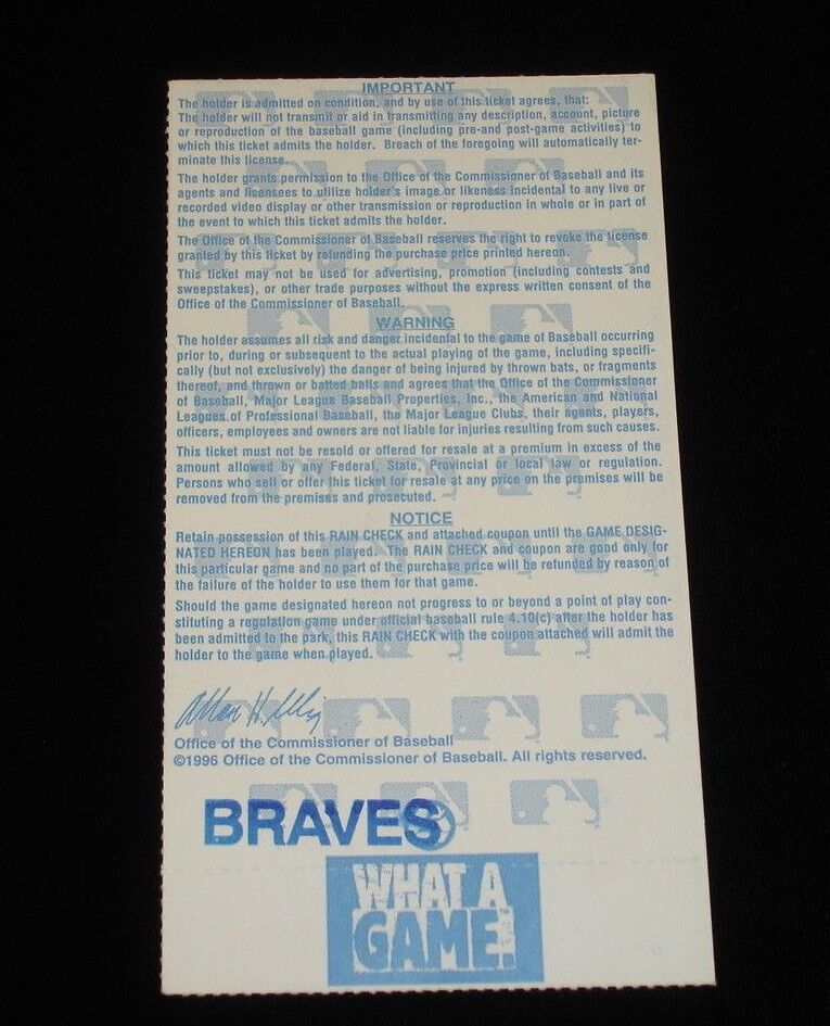 1996 World Series Game 3 Ticket Stub - Yankees @ Braves - Bernie Williams HR