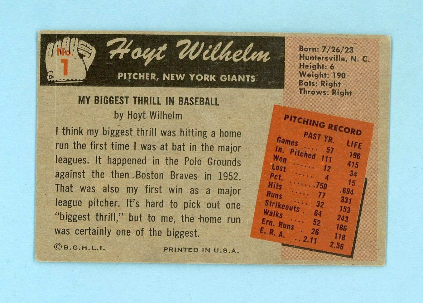 1955 Bowman #1 Hoyt Wilhelm New York Giants Baseball Card Low Grade