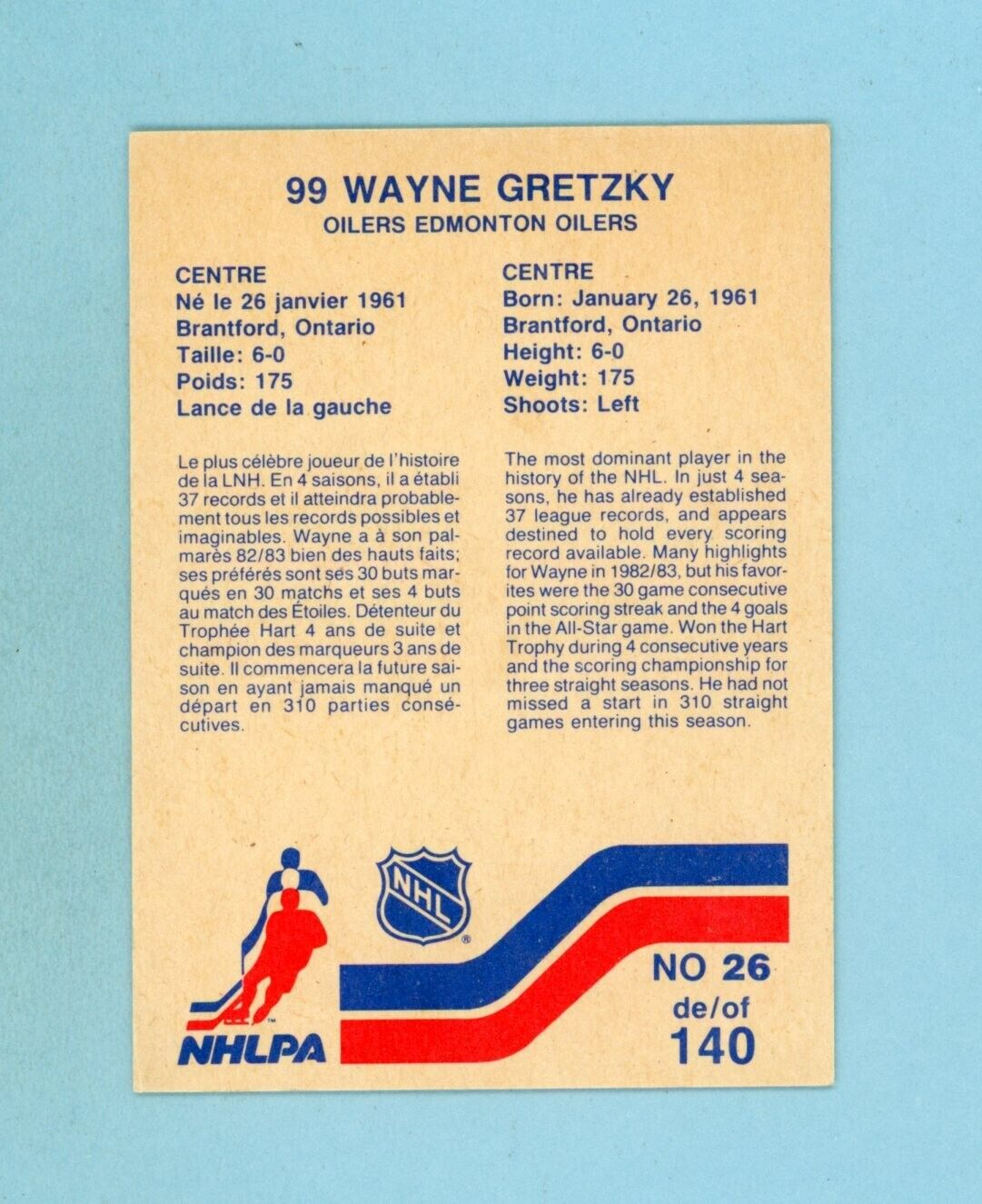 1983-84 Vachon #26 Wayne Gretzky Edmonton Oilers Hockey Card EX - EX+