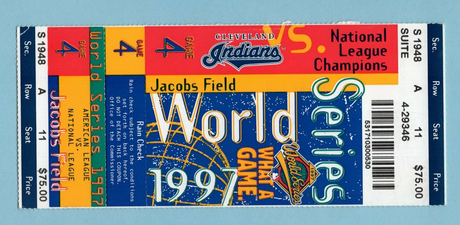 1997 World Series Game 4 Florida Marlins vs Cleveland Indians Full Ticket