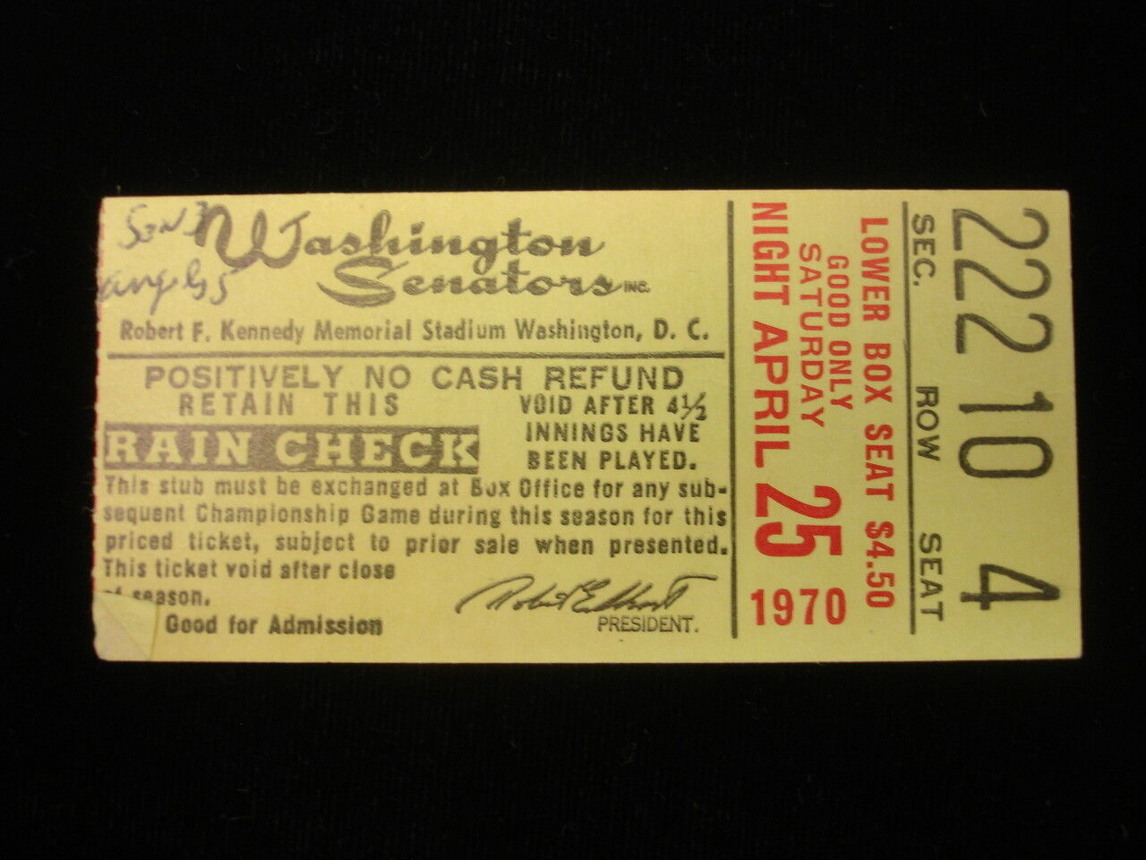 April 25, 1970 California Angels @ Washington Senators Ticket Stub