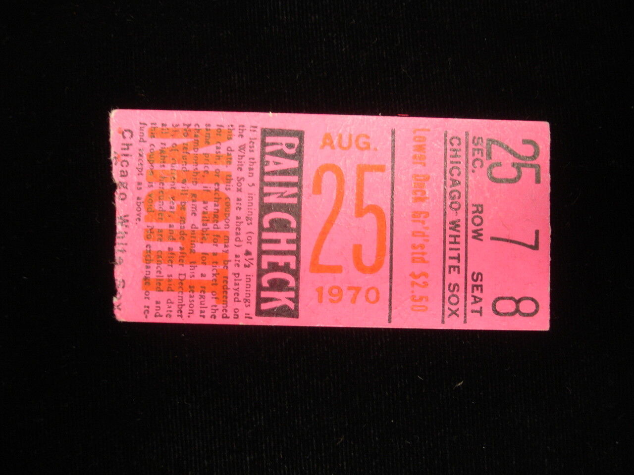 August 25, 1970 Washington Senators @ Chicago White Sox Ticket Stub