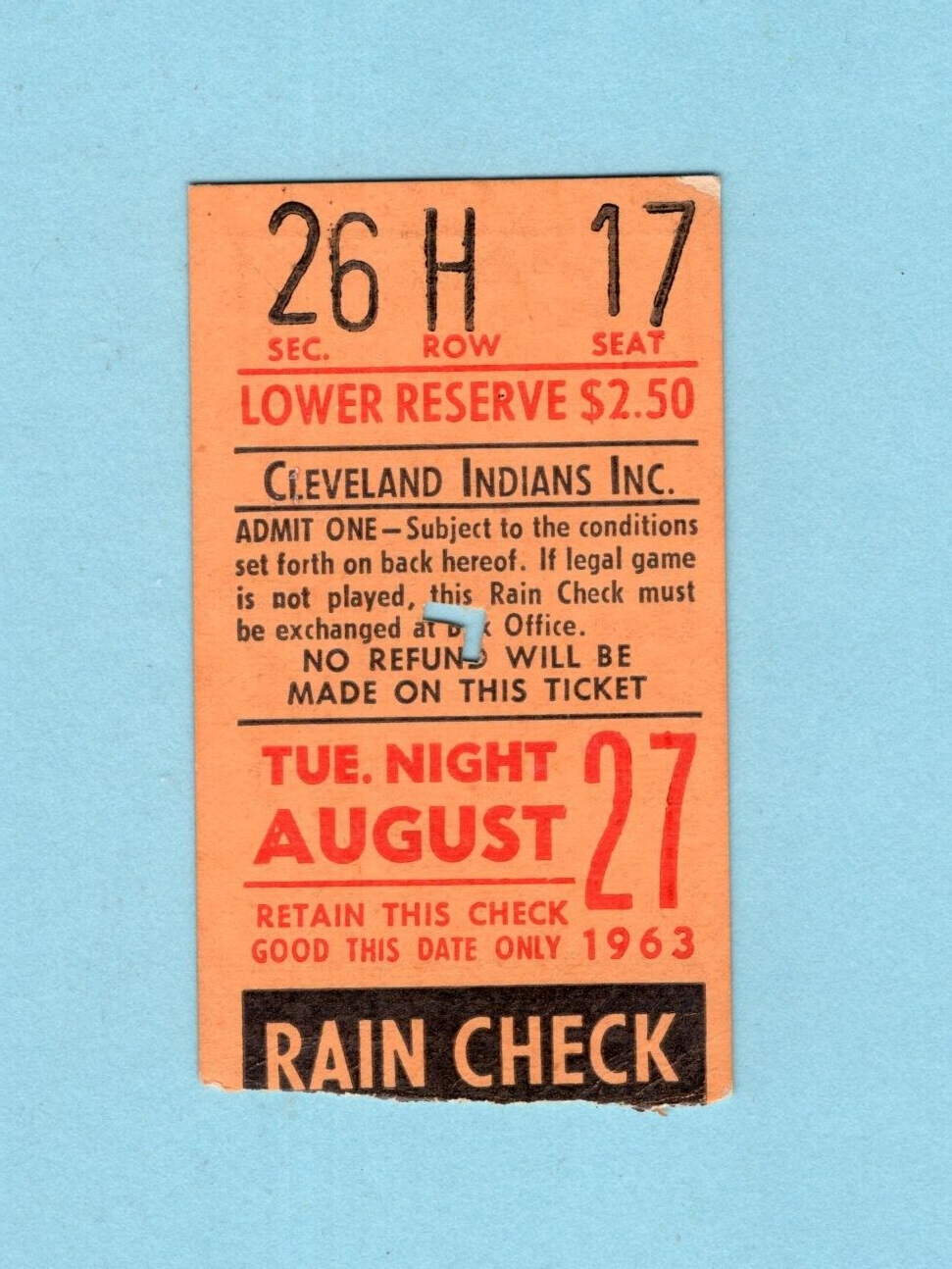 August 27, 1963 Chicago White Sox vs Cleveland Indians Ticket Stub Hoyt Wilhelm