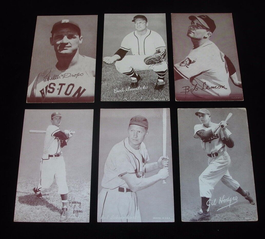 Lot of 6 Different 1947-66 Baseball Exhibit Cards w/Lemon, Hodges, Schoendienst