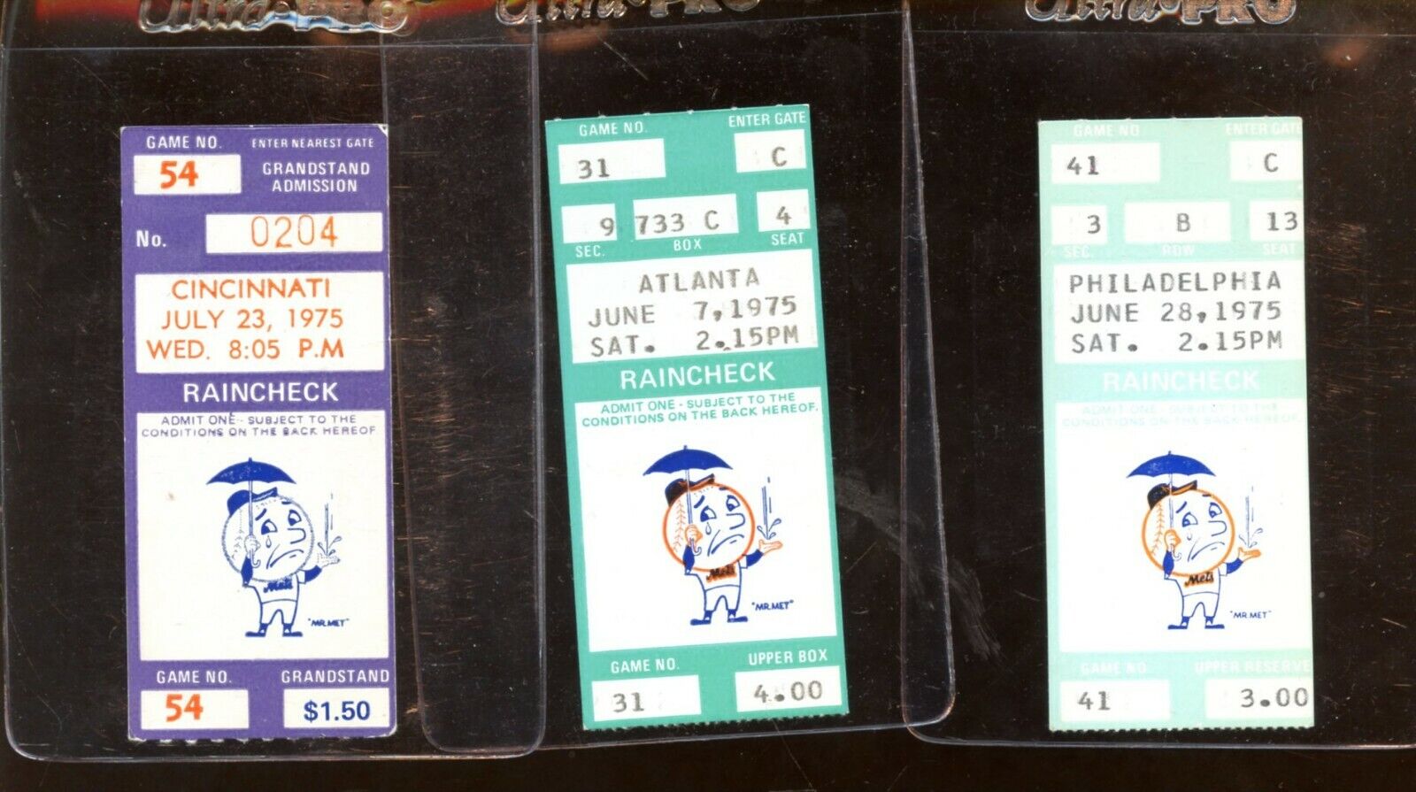 1975 New York Mets Ticket Stub Lot 3 Different EX to NM - 6/7, 6/28, 7/23