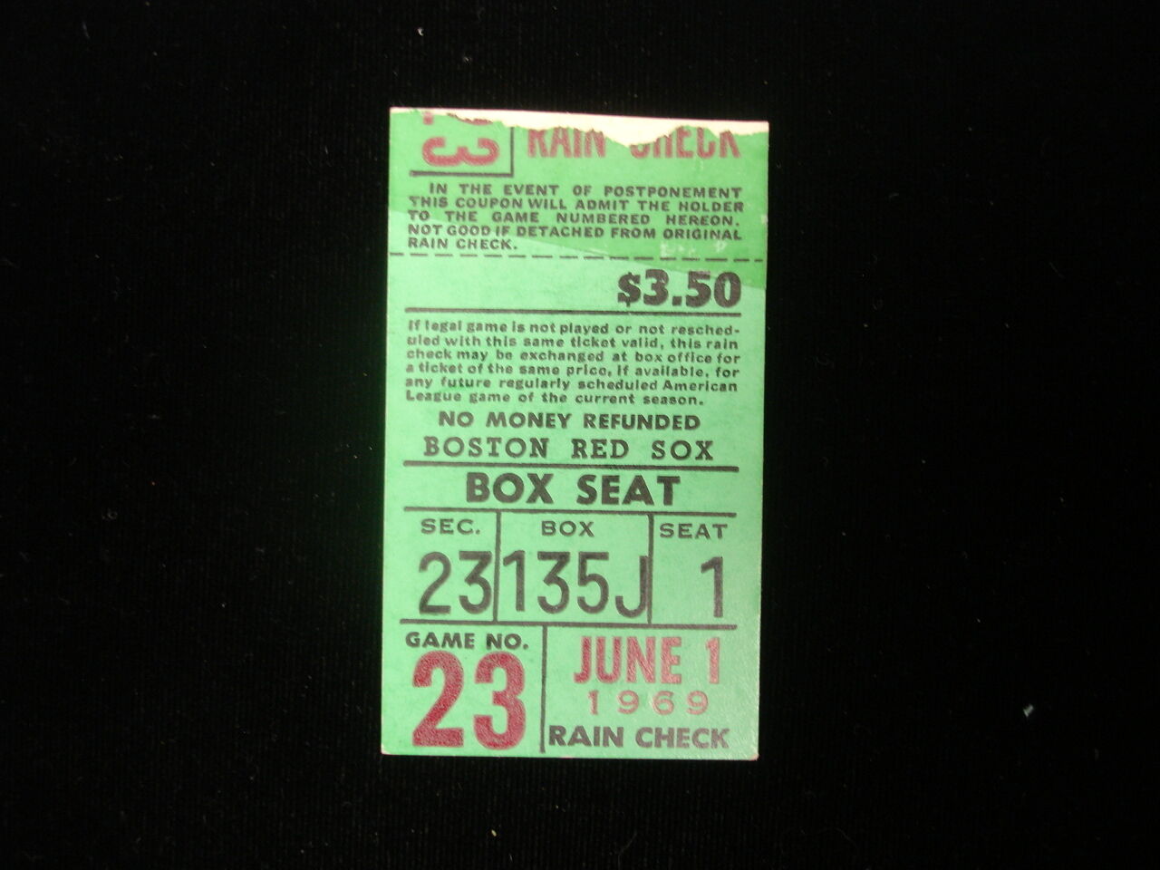 June 1, 1969 Minnesota Twins @ Boston Red Sox Ticket Stub - Conigliaro 4 for 4!!