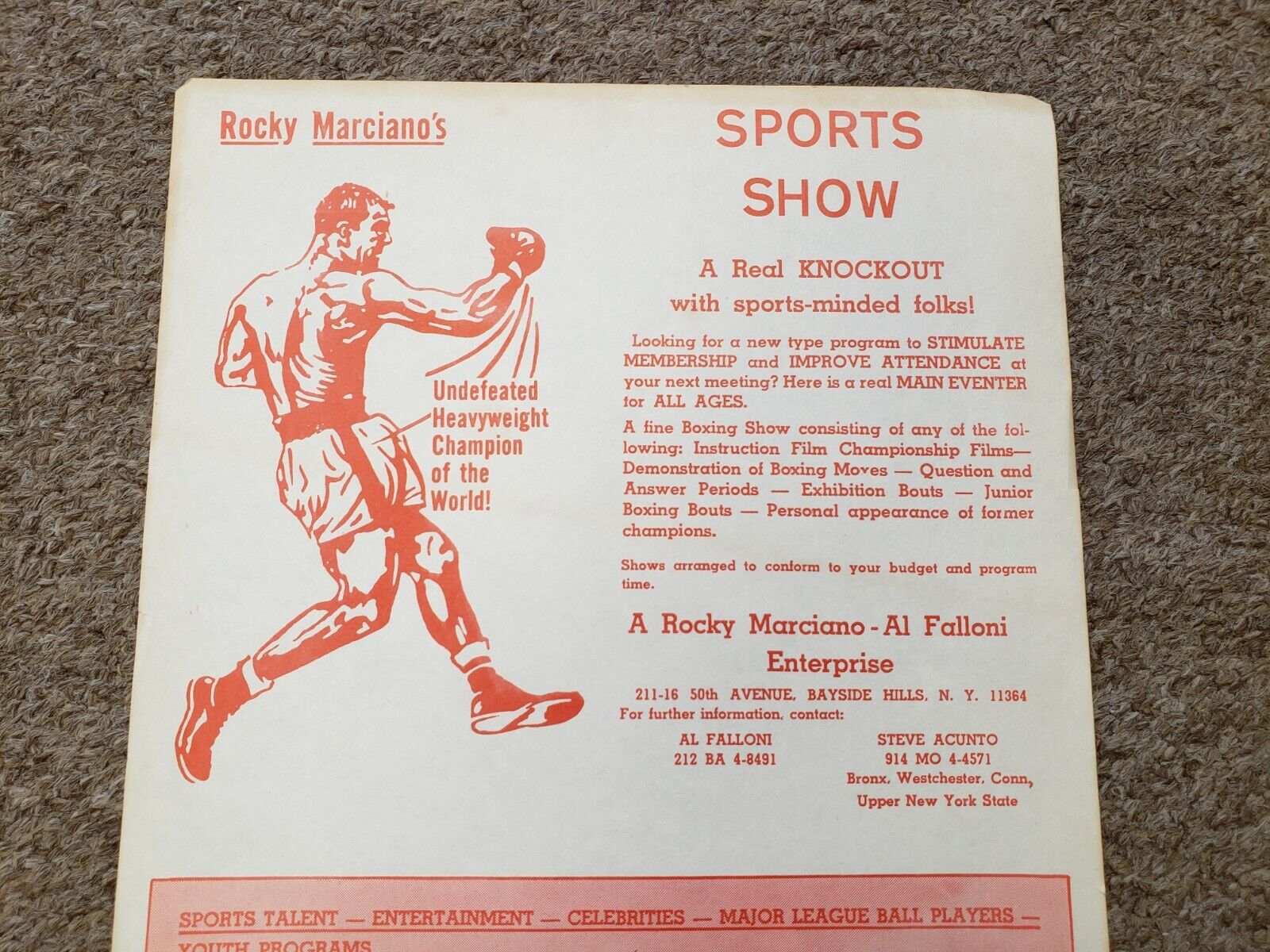 1960's Rocky Marciano's Sports Show Boxing Advertisement - Paper, 8.5" x 14"