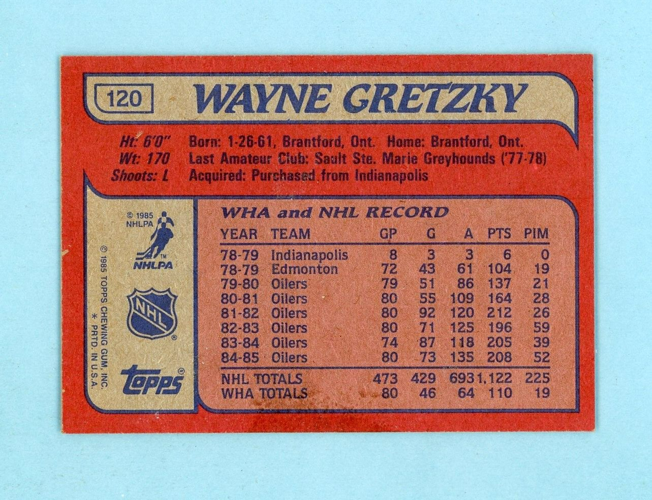 1985-86 Topps #120 Wayne Gretzky Edmonton Oilers Hockey Card NM