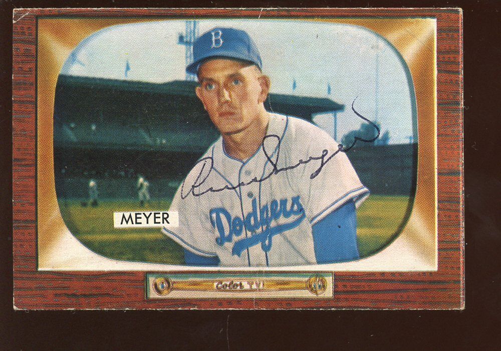 1955 Bowman BB Card #196 Russ Meyer World Champion Brooklyn Dodgers Autographed