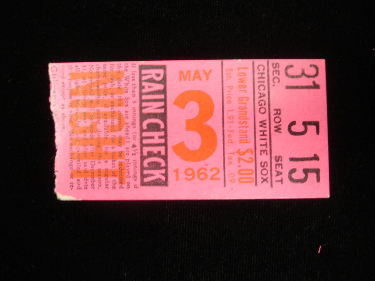 May 3, 1962 New York Yankees @ Chicago White Sox Ticket Stub