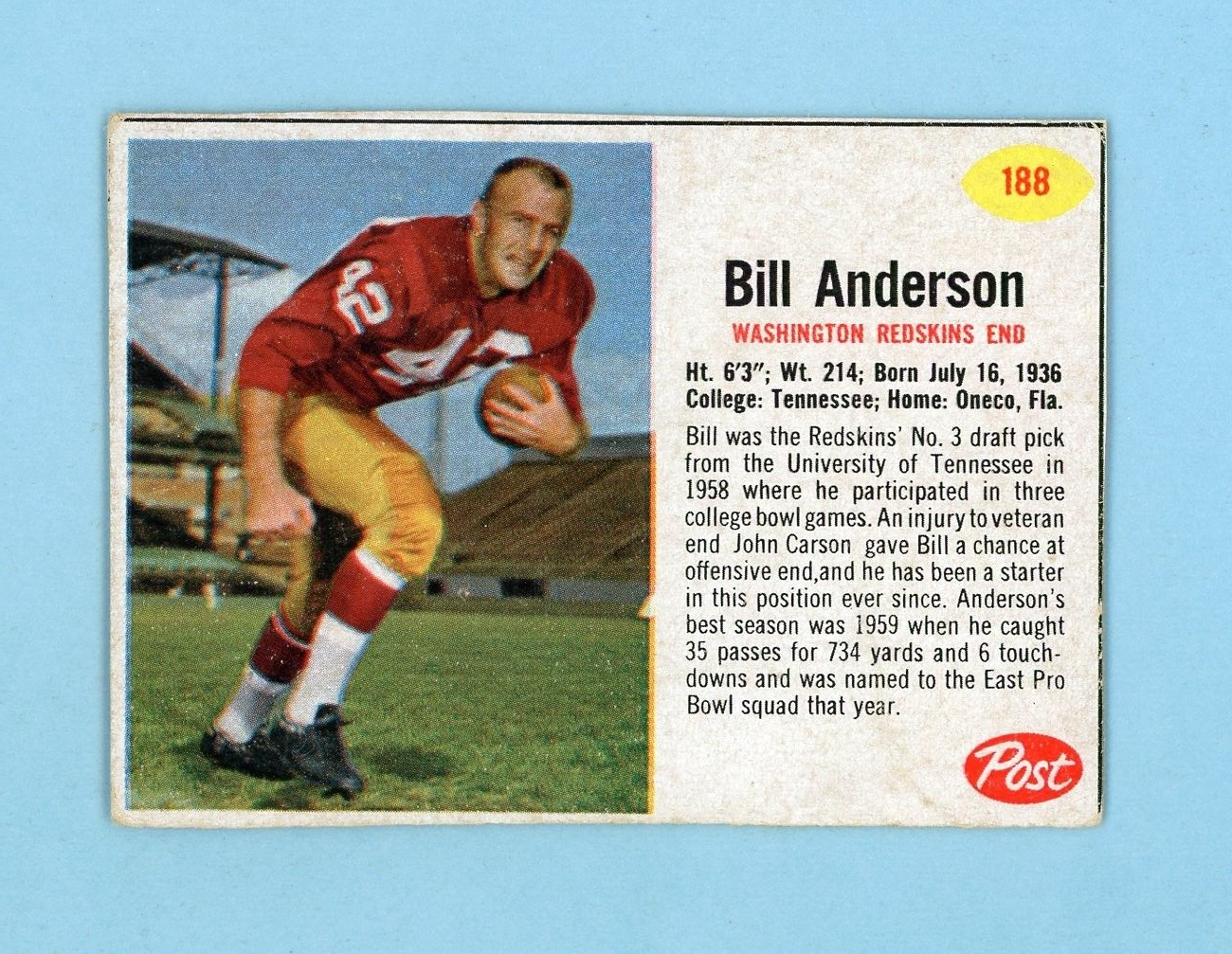 1962 Post Cereal #188 Bill Anderson Washington Redskins Football Card