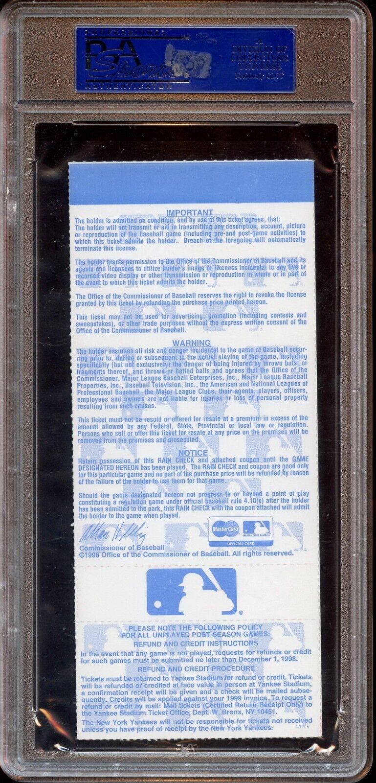 1998 World Series Full Ticket at New York Yankees Game 1 PSA 8 NM/MT