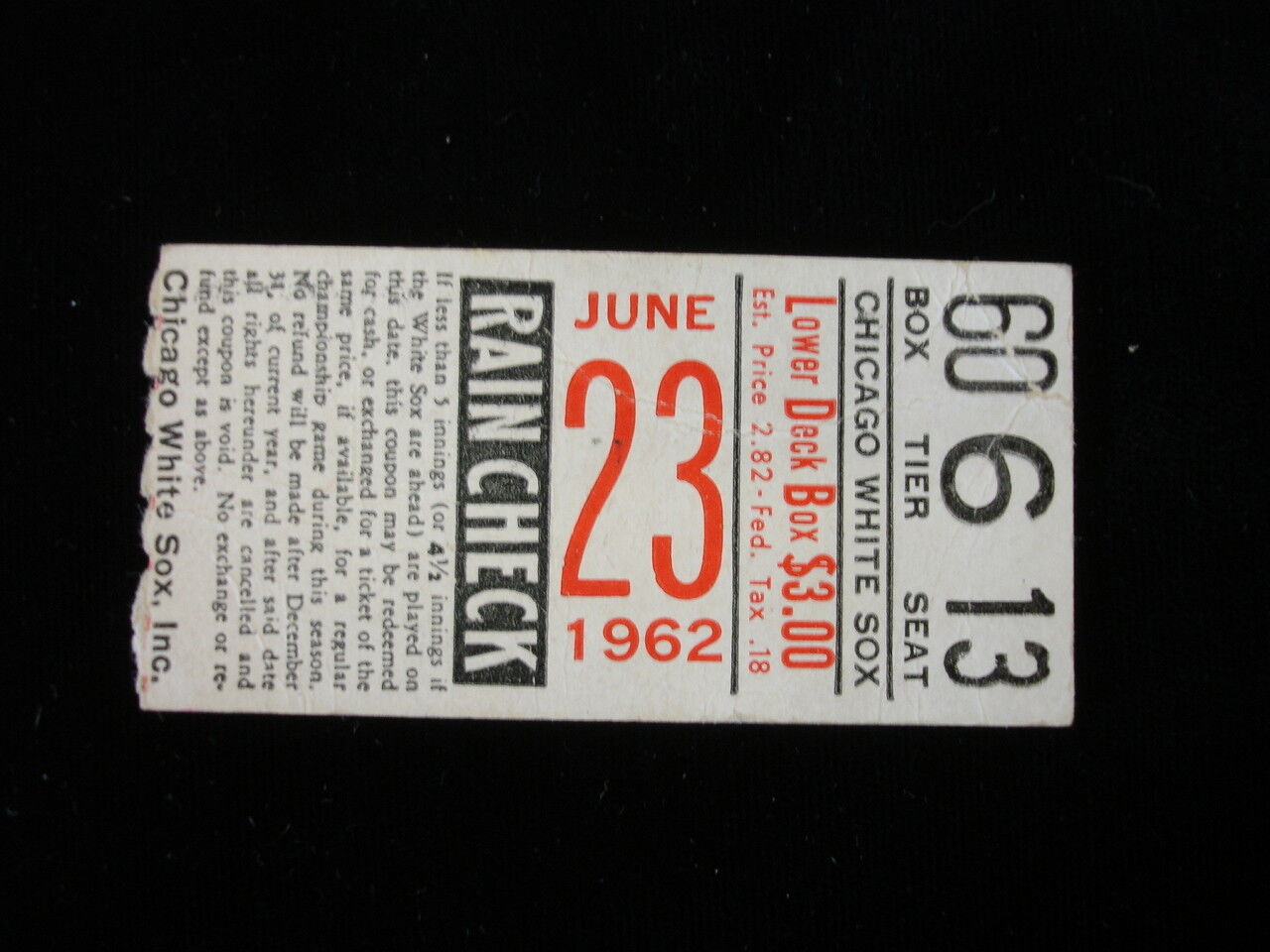 June 23, 1962 Kansas City Athletics @ Chicago White Sox Ticket Stub