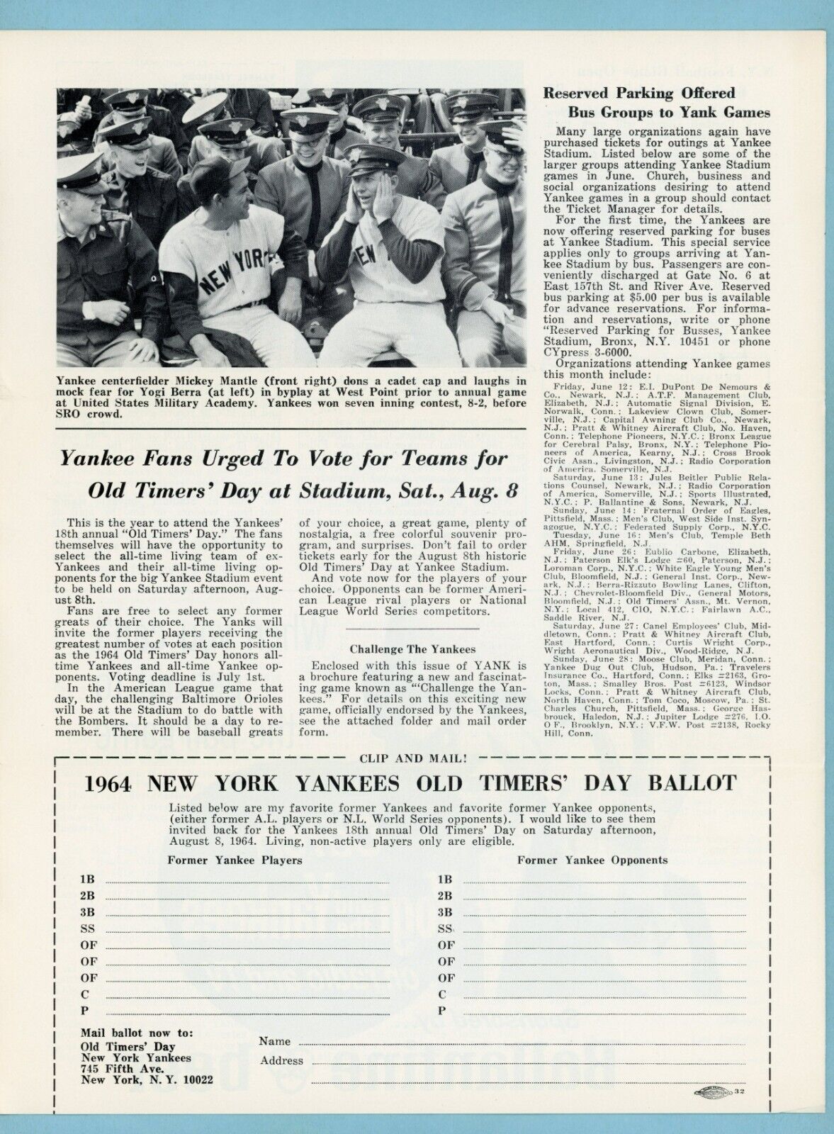 June 1964 Yank Official New York Yankees Newsletter Mickey Mantle & Yogi Berra