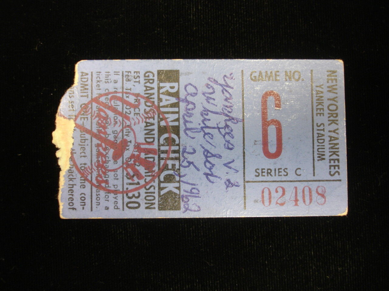 April 25, 1962 Chicago White Sox @ New York Yankees Ticket Stub